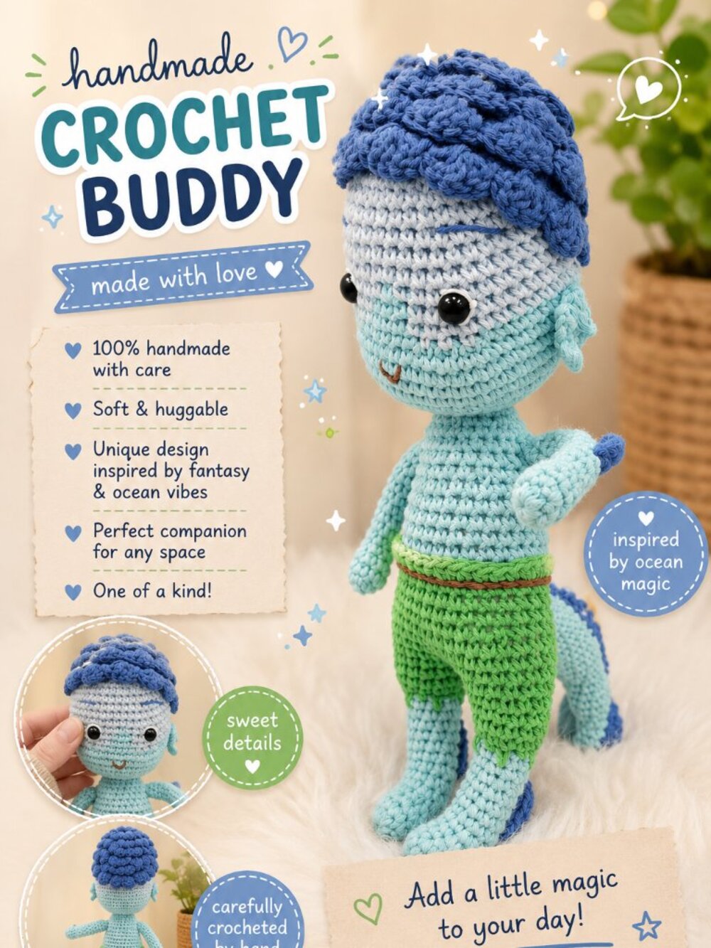 Luca Inspired Crochet Doll – Handmade Sea Creature Amigurumi